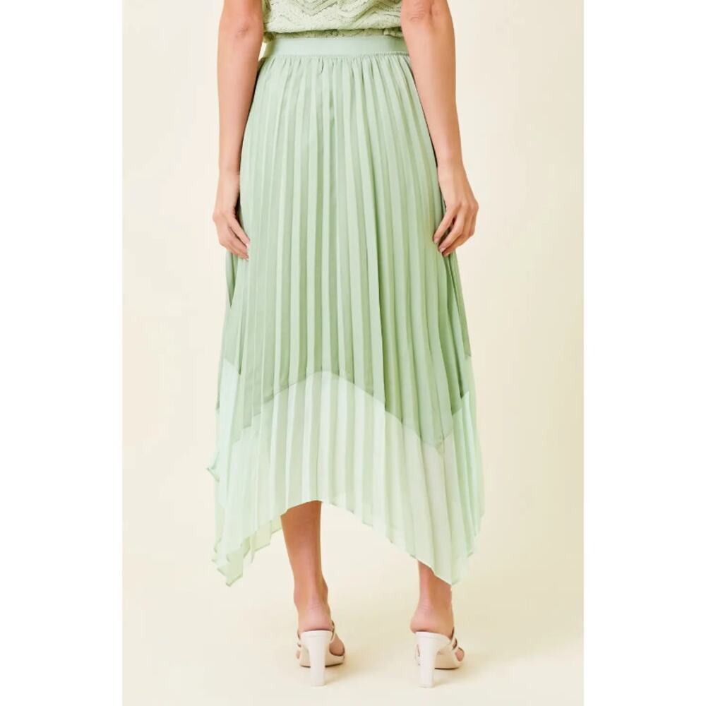Sage Green Pleated Midi Skirt Asymmetrical Hem - Picture 6 of 9